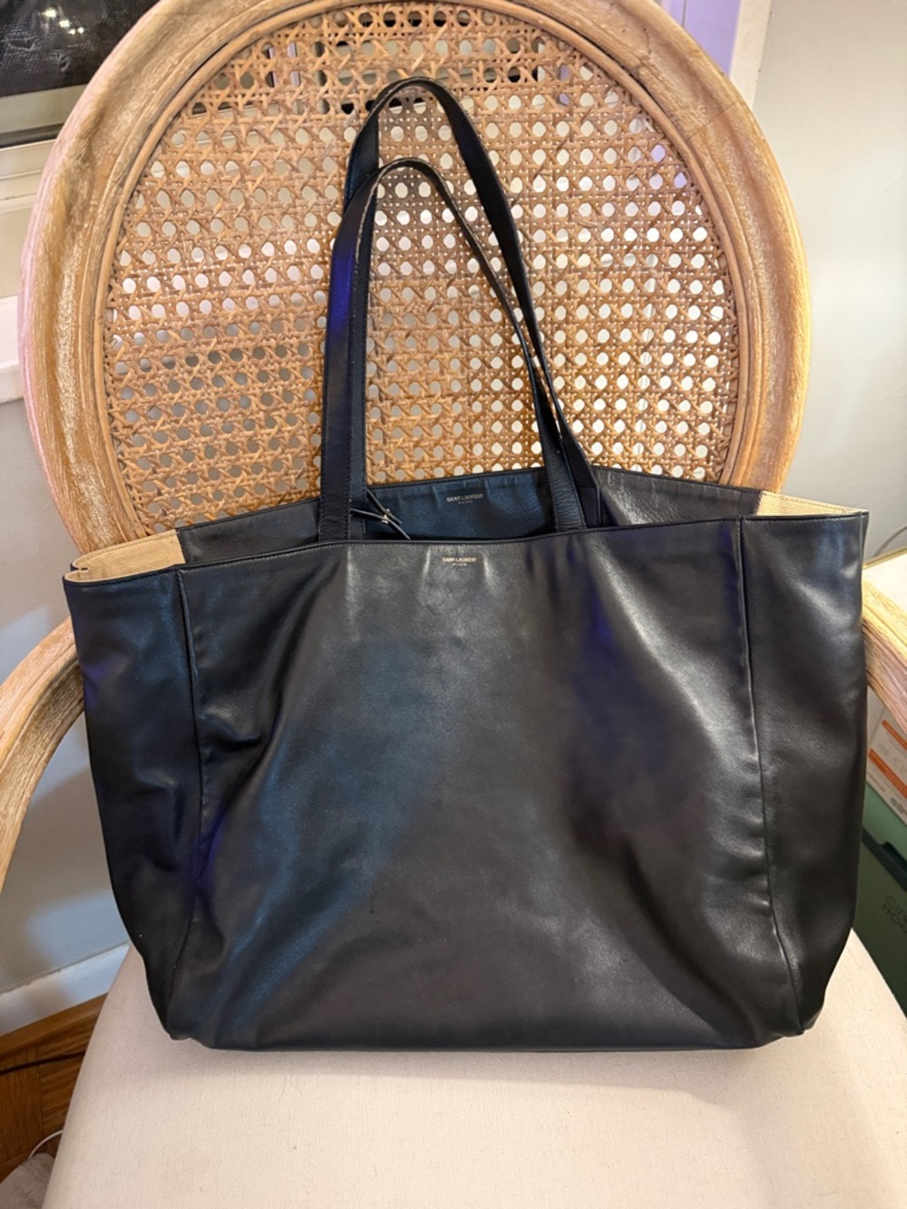 Yves Saint Laurent Black Leather Tote with Tan Trim